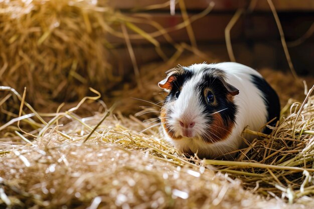 guinea pig and a hay in a pen