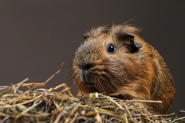 Guinea pig on hay with a dark background Detailed pet studio portrait Small animals and pet care