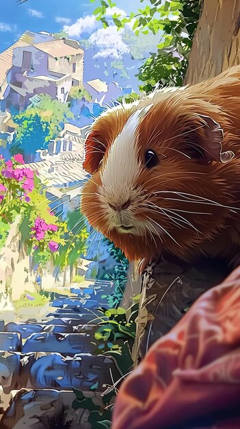 a guinea pig is looking at a picture of flowers