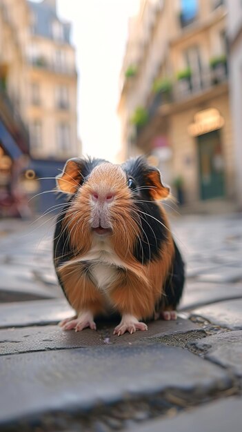 a guinea pig is sitting on a stone walkway in front of a building