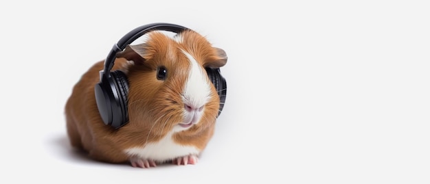 Guinea pig listens to music with headphones on a white background Banner place for text