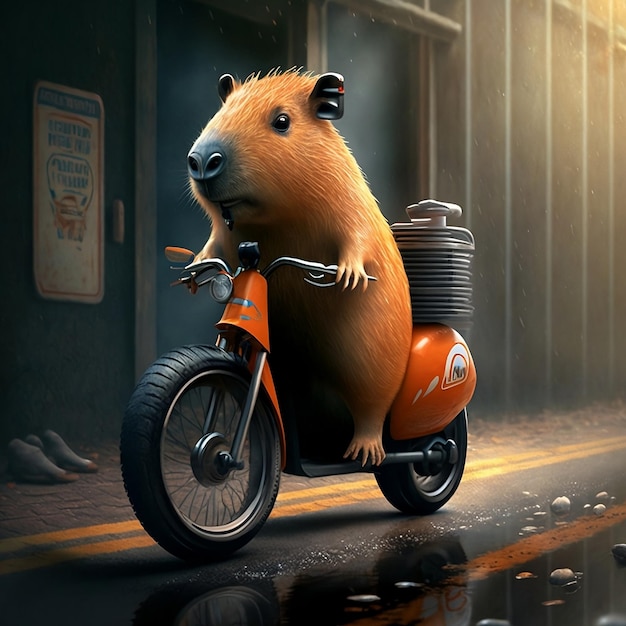 A guinea pig rides a scooter in the rain.