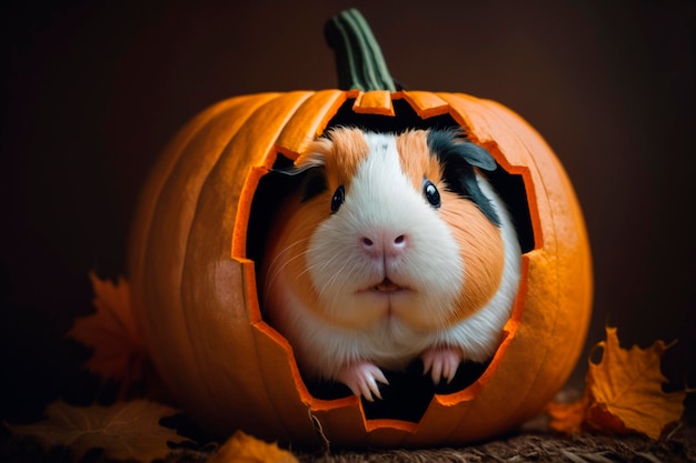 A guinea pig sits among pumpkins in a fall scene.