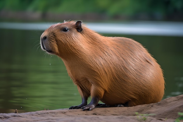 A guinea pig sits on a rock in front of a lake.