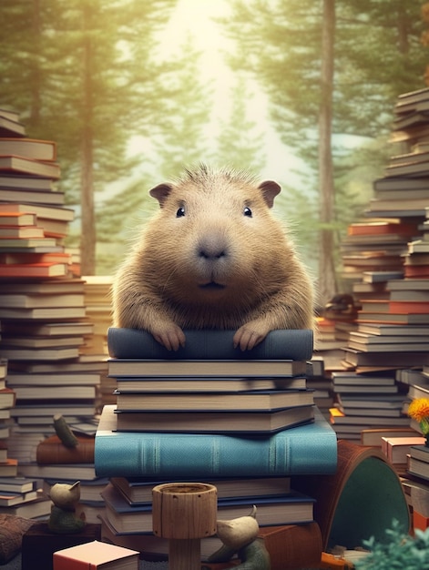 A guinea pig sits on a stack of books.