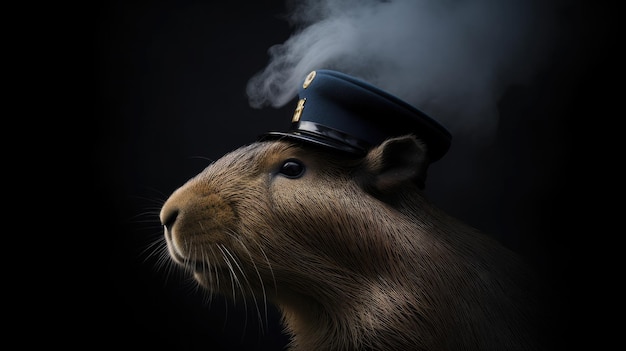 A guinea pig wearing a cap with the word guinea on it.