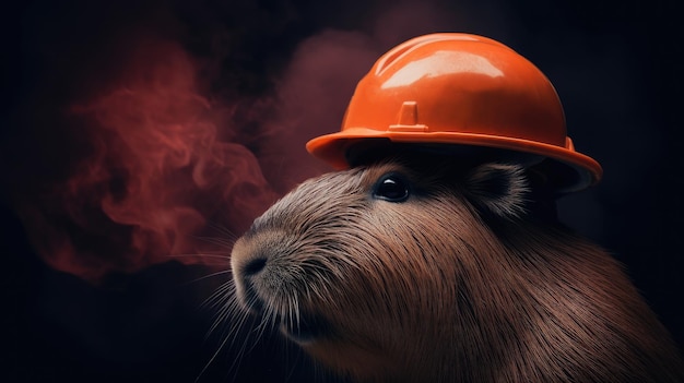 A guinea pig wearing a hard hat