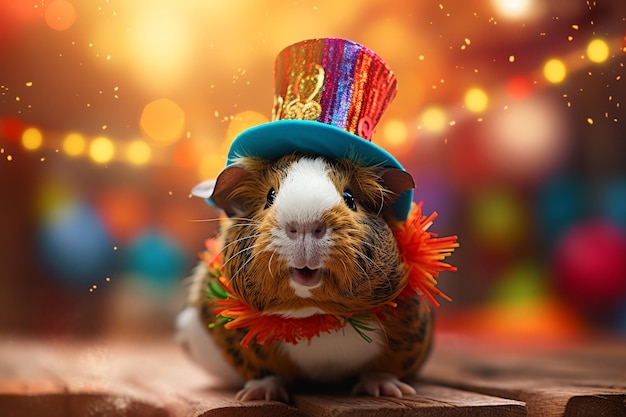 A guinea pig wearing a top hat with the year of the pig on it