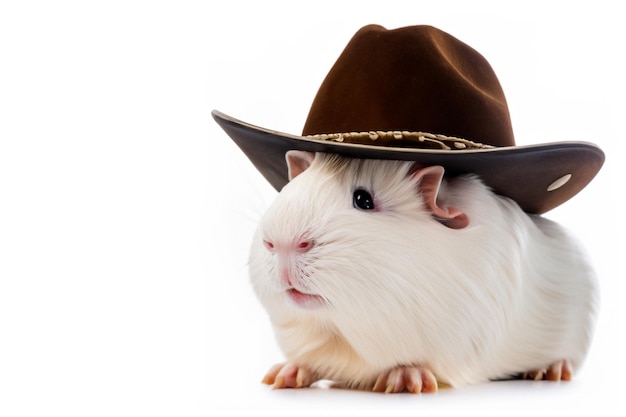 Photo guinea pig with cowboy hat on white background