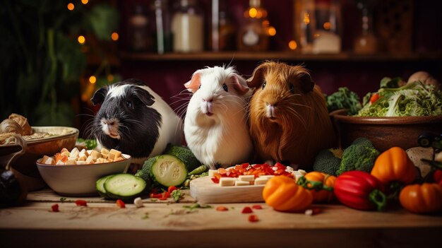 Foto i porcellini d'india si godono un banchetto di verdure fresche