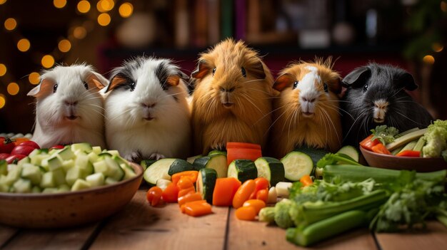 Guinea pigs enjoying a feast of fresh vegetables