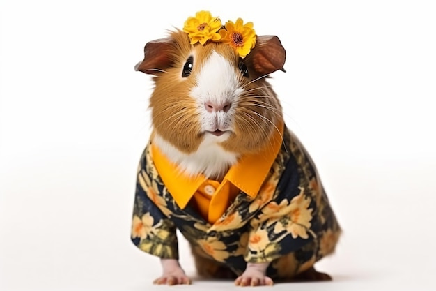 a guinea in a shirt and a flower crown