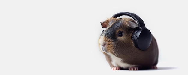 Guineapig luistert naar muziek met koptelefoon op een witte achtergrond Banner plaats voor tekst