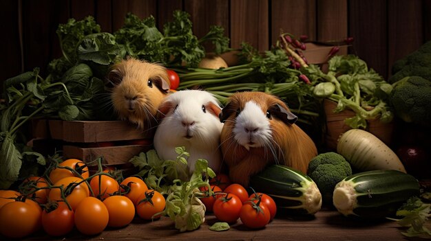 Foto guineapiggen genieten van een feest van verse groenten