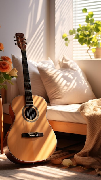 A guitar adorns the modern inviting interior of the cozy living room Vertical Mobile Wallpaper