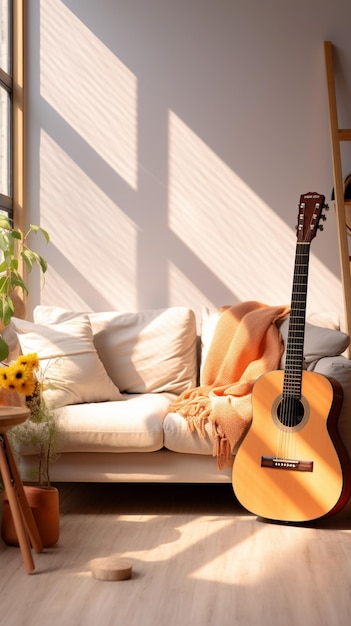 A guitar adorns the modern inviting interior of the cozy living room Vertical Mobile Wallpaper