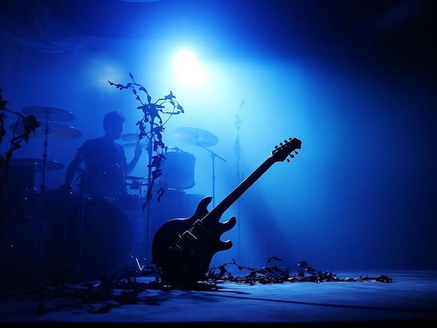 Guitar as Silhouette Stage Light Shadow Cast on Wall Dramati Creative Photo Of Elegant Background