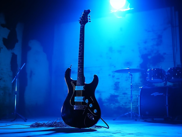 Guitar as Silhouette Stage Light Shadow Cast on Wall Dramati Creative Photo Of Elegant Background