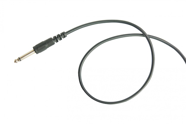 Guitar audio jack with black cable isolated on white with clipping path