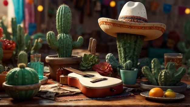 Photo a guitar and a cactus are on a table with a hat on it