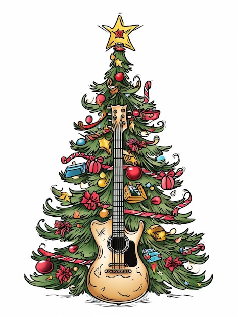 a guitar and christmas tree with ornaments on it generative ai