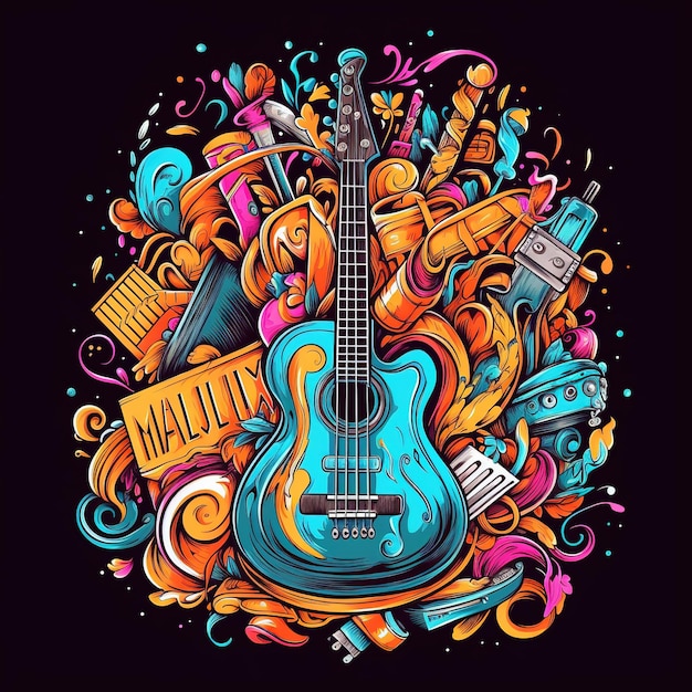 Guitar flat Music Festival Illustration Design for Party and Event Ai Generated