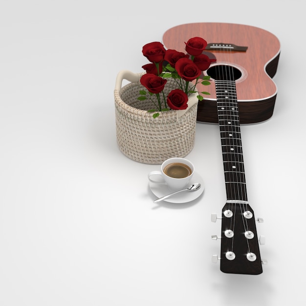 Photo guitar flower coffee cup 3d rendering