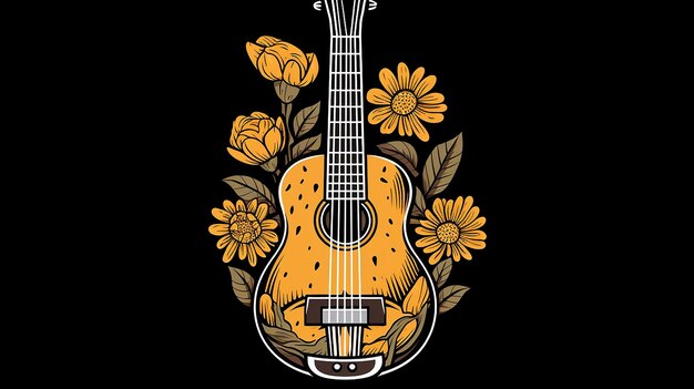 Guitar flower hand drawn logo design illustration High resolution 8K