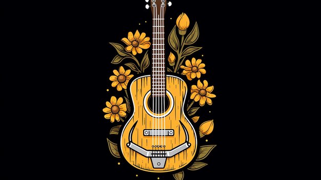 ギター・フラワー・ハンド・ドローン・ロゴ デザイン イラスト 高解像度 8K