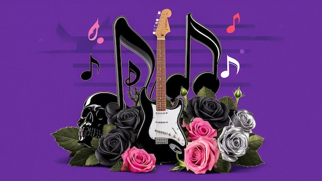 a guitar and flowers with a guitar in front of it