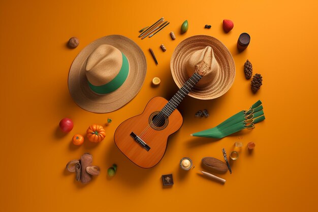 Photo a guitar and a hat are on a table with other items including a mexican hat and a cactus