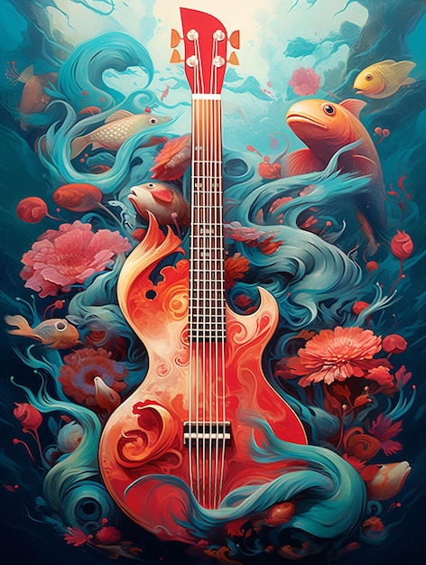 Guitar illustration in undersea background