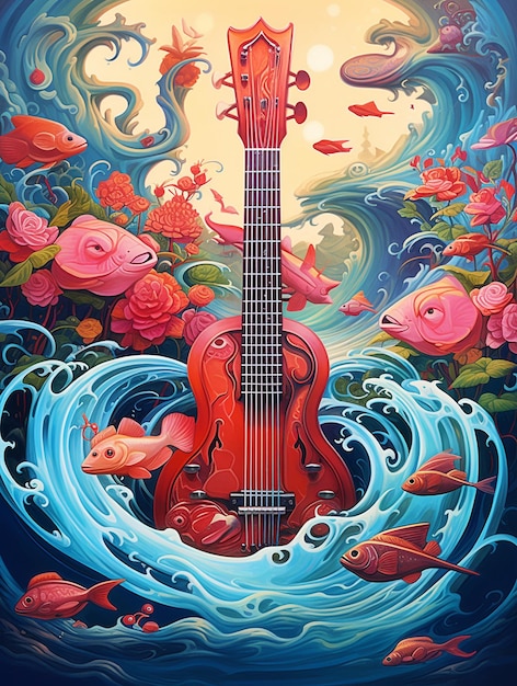 Guitar illustration in undersea background