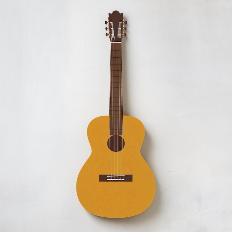 Photo a guitar is against a white background with a label that says the word on it