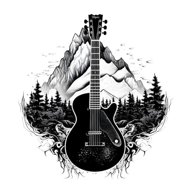 Photo a guitar is in front of a mountain landscape.