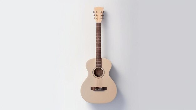 A guitar is hanging on a wall with a white background.