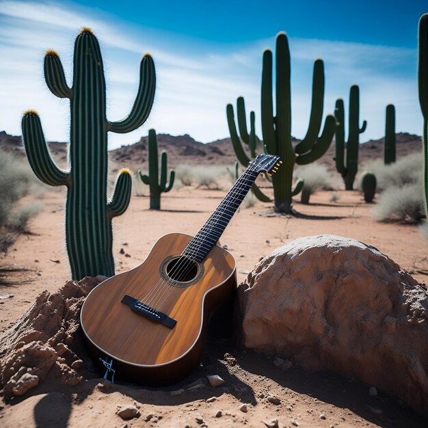 A guitar is laying on the ground next to a cactus