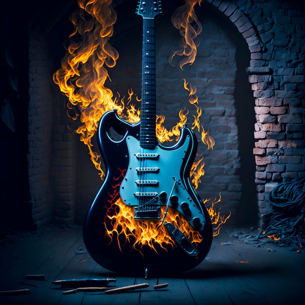 A guitar is lit up with fire