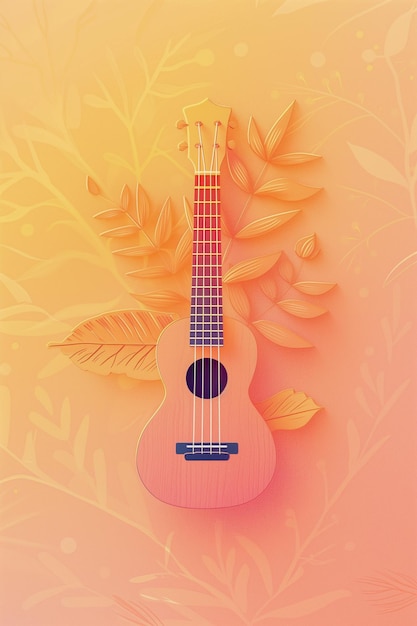 A guitar is placed on a leafy background