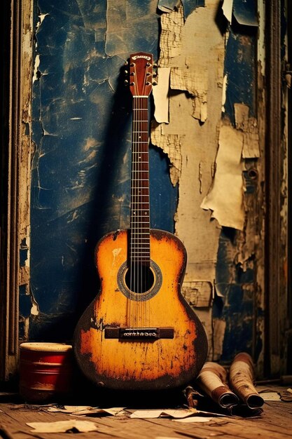 Photo a guitar is in a room with a blue wall behind it