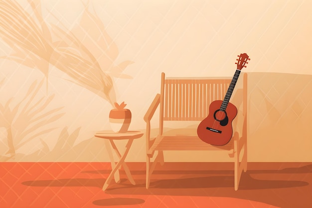 A guitar is sitting on a chair in front of a tropical plant.