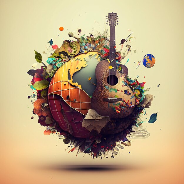 A guitar is surrounded by colorful graphics and the word world.