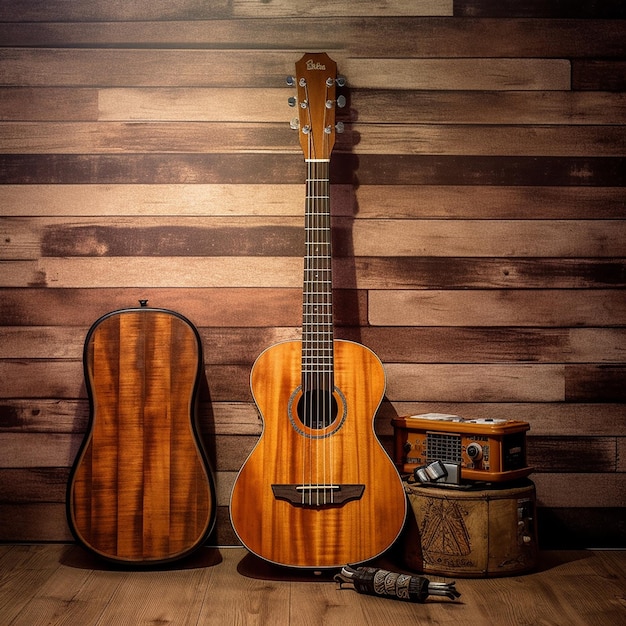 A guitar is next to a wooden wall with a microphone and a microphone.