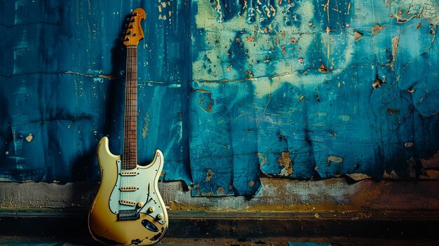 A guitar leaning against a blue wall