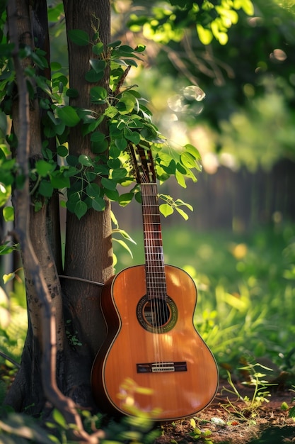 Foto la chitarra appoggiata ad un albero nella foresta