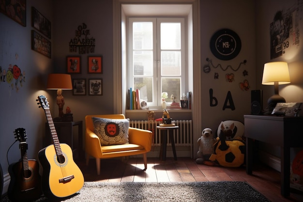 A guitar in a living room with a yellow chair and a lamp with the word ba on it.