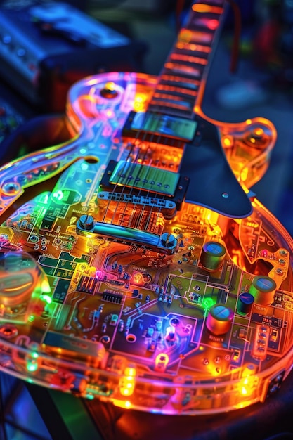Photo guitar melding with circuit board vibrant leds