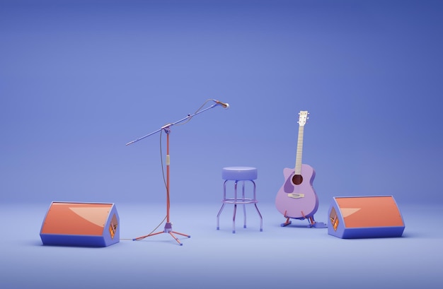 guitar, microphone and speakers on purple blue background in yellow colors.