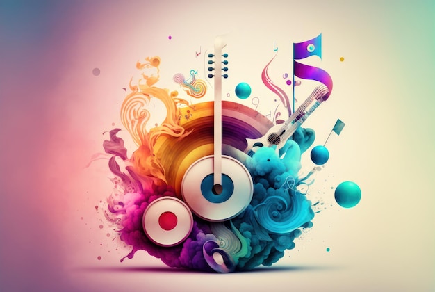 Photo guitar music background with colorful abstract notes generative ai