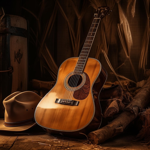 Foto una chitarra vicino a un cappello da cowboy